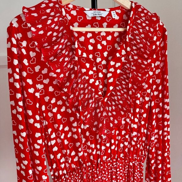 And Other Stories Frill Neck Red Love Heart L/S Midi Dress Paris Atelier, Size 6 - Picture 8 of 12